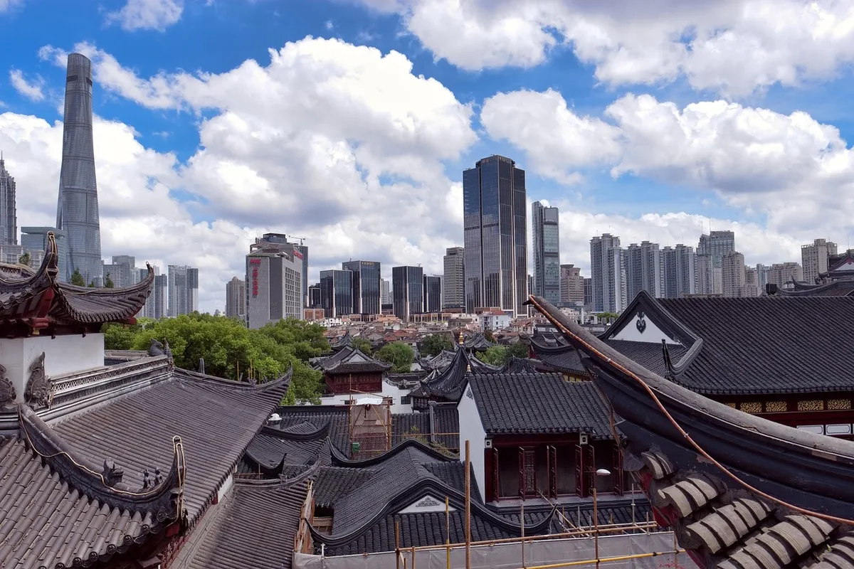 shanghai, new, old, traditional, blue sky, nature, chinese, china, houses, roofs, skyscrapers, blue, sky, city, big, world, future