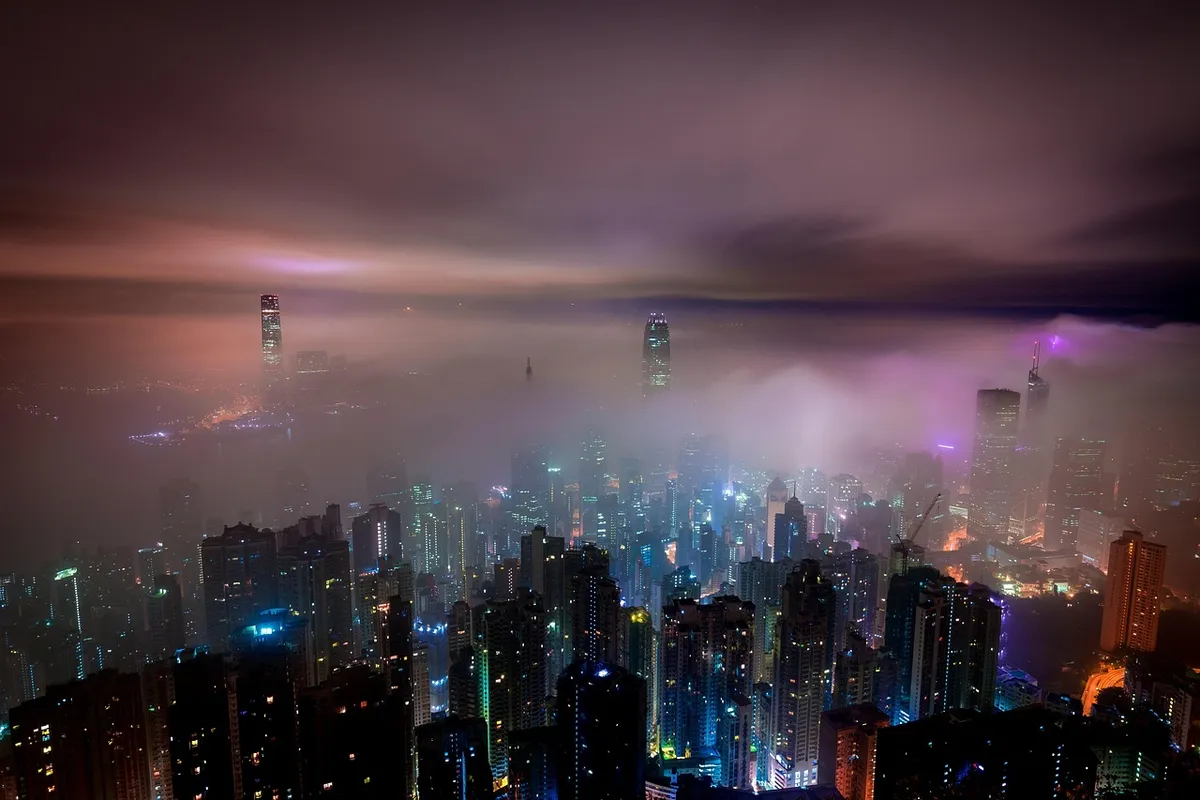 雲、香港、ビル、煙、霧、自然、照明、都市灯火、夜景、都市風景、都市、都市風景、超高层建筑、空中視圖、夜間、霧